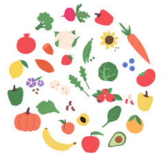 A set of vegetables and fruits in a circle, healthy food.Cartoon flat vector illustration isolated on white background.