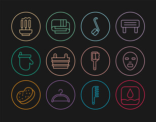 Set line Water drop, Facial cosmetic mask, Sauna ladle, bucket, mittens, Incense sticks, brush and Towel stack icon. Vector