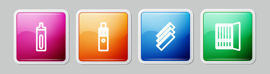 Set line Electronic cigarette, Vape mod device, Cigarette rolling papers and case. Colorful square button. Vector