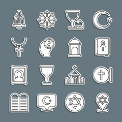 Set line Star of David, Christian cross, Cross ankh book, Holy grail or chalice, Yin Yang, on chain, Church bell and Muslim Mosque icon. Vector