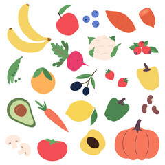 Set with hand drawn colored doodle vegetables and fruits. İsolated icon collection:banana,apple,berry,orange,radish,pepper,sweet potato,pumpkin,carrot,mushroom.
Vector illustration cartoon flat style