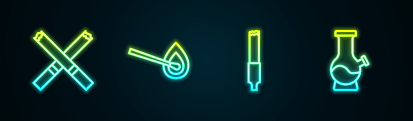 Set line Cigarette, Burning match with fire, and Bong. Glowing neon icon. Vector