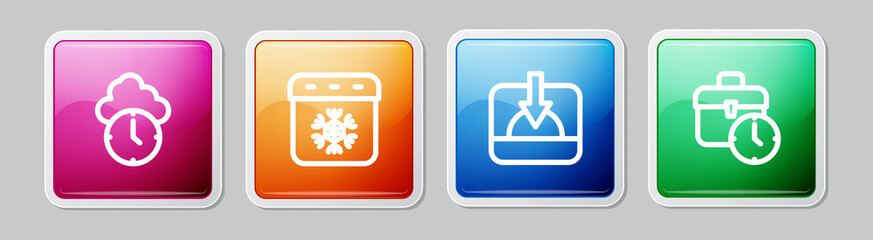Obraz premium Set line Clock, Calendar winter, Sunset and Work time. Colorful square button. Vector