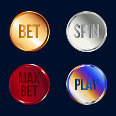 Buttons for online-casino slot machine. Bet, spin, max bet, play, Golden, silver, metallic buttons for play in online-casino.