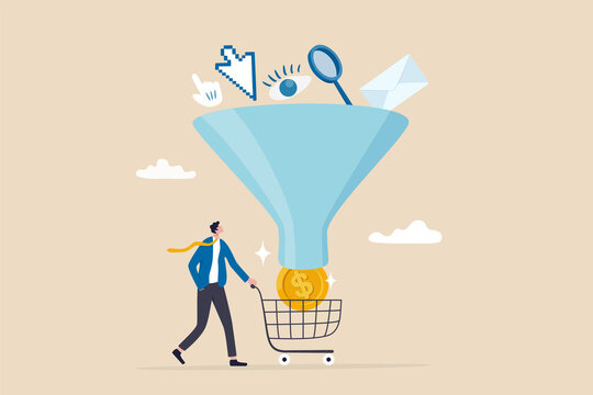 Sales funnel or online marketing conversion rate, customer flow from awareness, click and purchase product on e-commerce website, businessman holding shopping cart with money coin from sales funnel.
