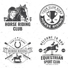 Set of Horse riding sport club badges, patches, emblem, logo. Vector illustration. Vintage monochrome equestrian label with rider and horse silhouettes. Horseback riding sport. Concept for shirt or