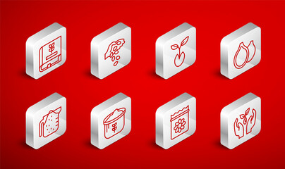 Set line Plant in hand, Seed, Sprout, Pumpkin seeds, Pack full of of plant, Book about, Bag flour and Measuring cup icon. Vector