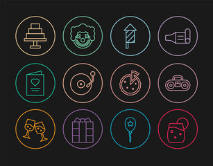 Set line Cocktail, Home stereo with two speakers, Firework rocket, Vinyl player disk, Postcard heart, Cake, Homemade pie and Clown head icon. Vector