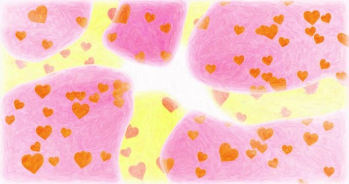 Background stylized using a neural network in the style of a child's drawing.An example of how artificial intelligence works to create images and videos. Crayon drawing with hearts in pastel colors