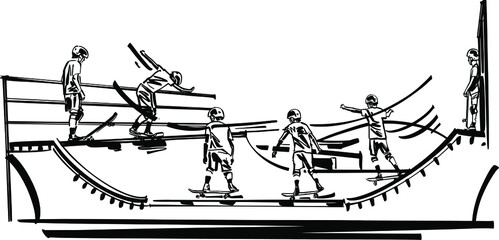 vector sketch illustration of the yang skateboarders jump in skateboard park