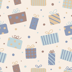 Design of seamless pattern with Christmas present boxes. Vector