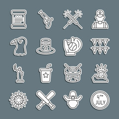 Set line Calendar with date July 4, Statue of Liberty, Carnival garland flags, Sparkler firework, Patriotic American top hat, Eagle head, Declaration independence and Baseball glove ball icon. Vector