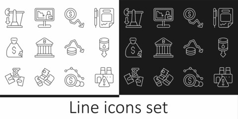 Set line Shutdown of factory, Drop in crude oil price, Dollar rate decrease, Bank building, Money bag, and Global economic crisis news icon. Vector