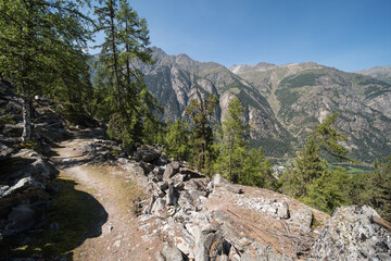 landscape and view of the matter valley from the europa hiking trail. The hiking trail goes from Grächen to Zermatt.