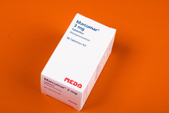 Neckargemuend, Germany: October 06, 2021: Packaging of the prescription drug marcumar, a long-acting blood thinner drug with the active substance Phenprocoumon in the dosage 3mg.