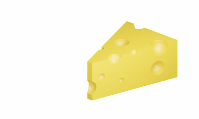 A piece of yellow cheese. Isolated on a white background. Place for your text. Copy space. 3D render. Rendering.