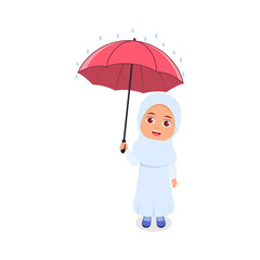Cute girl holding umbrella in the rain. white background