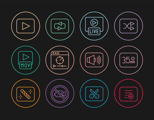 Set line Add to playlist, Audio jack, Live stream, Online video, MOV file, Play button, Speaker volume and Repeat icon. Vector