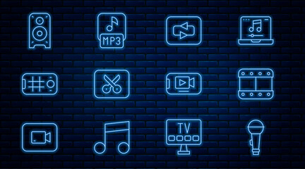 Set line Microphone, Play video, Repeat button, Music or editing, Selfie mobile, Stereo speaker, Online play and MP3 file icon. Vector