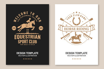Set of Horse riding sport club flyer, brochure, banner, poster. Vector illustration. Vintage monochrome equestrian label with rider, riding crop and horse silhouettes. Horseback riding sport.