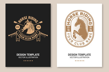 Set of Horse riding sport club flyer, brochure, banner, poster. Vector illustration. Vintage monochrome equestrian label with rider, riding crop and horse silhouettes. Horseback riding sport.