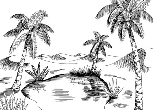 Oasis desert graphic black white landscape illustration vector 