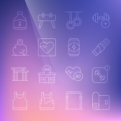 Set line Fitness mat roll, app, Protein sport bar, Gymnastic rings, Heart rate, Broken weight, Sports nutrition and Energy drink icon. Vector