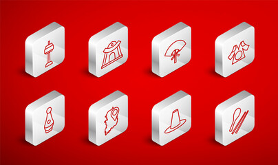 Set line Food chopsticks, Korean temple, Traditional fan, Kimono, hat, N Seoul tower in South, map and Soju bottle icon. Vector