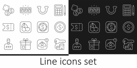 Set line Winning house with key, Coin money dollar, Horseshoe, Slot machine cherry, Lottery ticket, Game dice, and jackpot icon. Vector