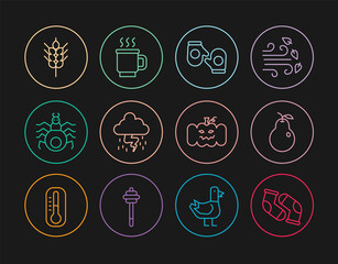 Set line Socks, Pear, Christmas mitten, Storm, Spider, Wheat, Pumpkin and Cup of tea icon. Vector