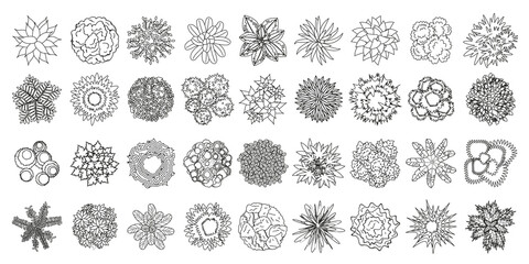 Vector set. Trees, bushes and plants. Top view. Collection for landscape design, plan, maps. (View from above)  - obrazy, fototapety, plakaty