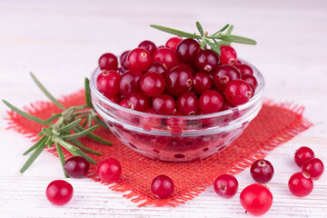 Fresh cranberries in a bowl on a white background.