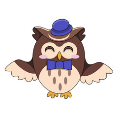 Fototapeta premium Cute brown owl with blue hat and bow tie