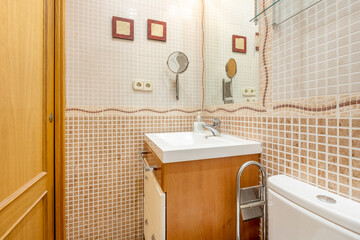 Gresite tiled toilet with cherry cabinet and mirror on the wall of vacation rental apartment