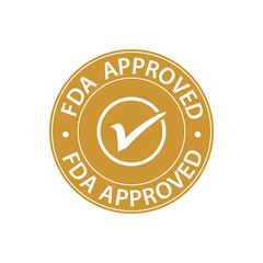 Approved by the FDA (Food and Drug Administration) badge, symbol, label, badge, logo, seal. Round gold badge isolated on white background