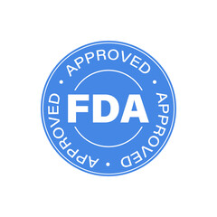 FDA Approved (Food and Drug Administration) icon, symbol, label, badge, logo, seal. Blue round icon isolated on white background