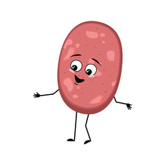 Cute sausage character with joyful emotions, happy face, smile, eyes, arms and legs. Fun meal or meat snack. Vector flat illustration