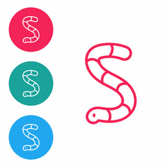 Red line Worm icon isolated on white background. Fishing tackle. Set icons in circle buttons. Vector