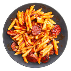  Plate with italian macaroni with pepperoni and tomato sauce isolated over white background
