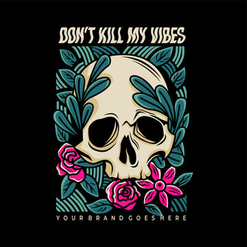 skull head illustration with leaves around