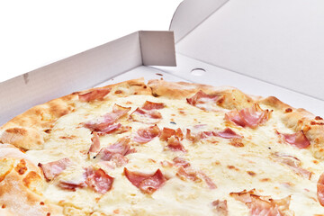  Single carbonara italian pizza on delivery box isolated over white background