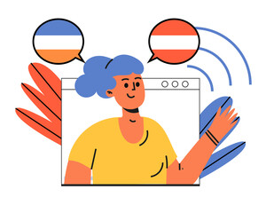 School of Foreign Languages. Foreign language teacher online. A female tutor waves her hand through a tablet. Distance learning. Vector illustration
