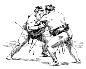 Sumo wrestling. Two wrestlers try to push each other out in a duel. Graphics, sketch. Black silhouette. Vector illustration