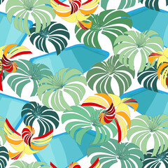 Vector EPS10 seamless pattern, the Mid-century bright d&eacute;cor, with palm leaves, flying parrots and swimming pool water, from the high view staying on a balcony somewhere in a beachfront hotel