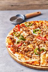  Delicious kebab italian pizza on a marble surface