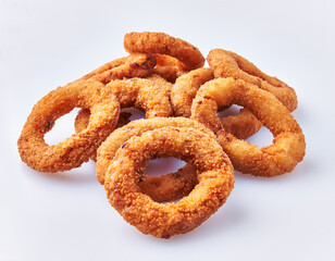  Bunch of breaded onion rings isolated on a white background