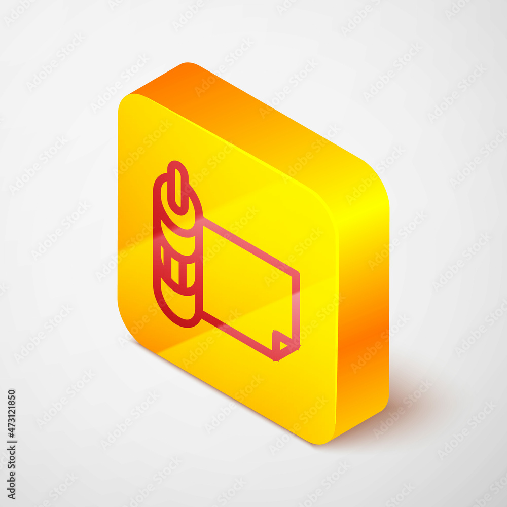 Poster isometric line roll of paper icon isolated on grey background. yellow square button. vector