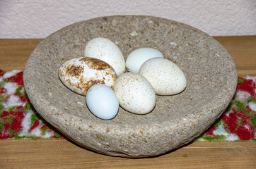 Fototapeta na wymiar Gesprenkelte Eier in einer Steinschale