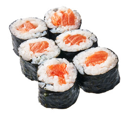  Group of salmon sushi maki isolated on white background