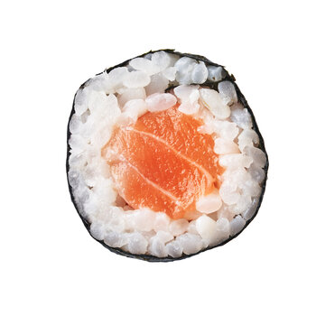  Single salmon sushi maki isolated on white background